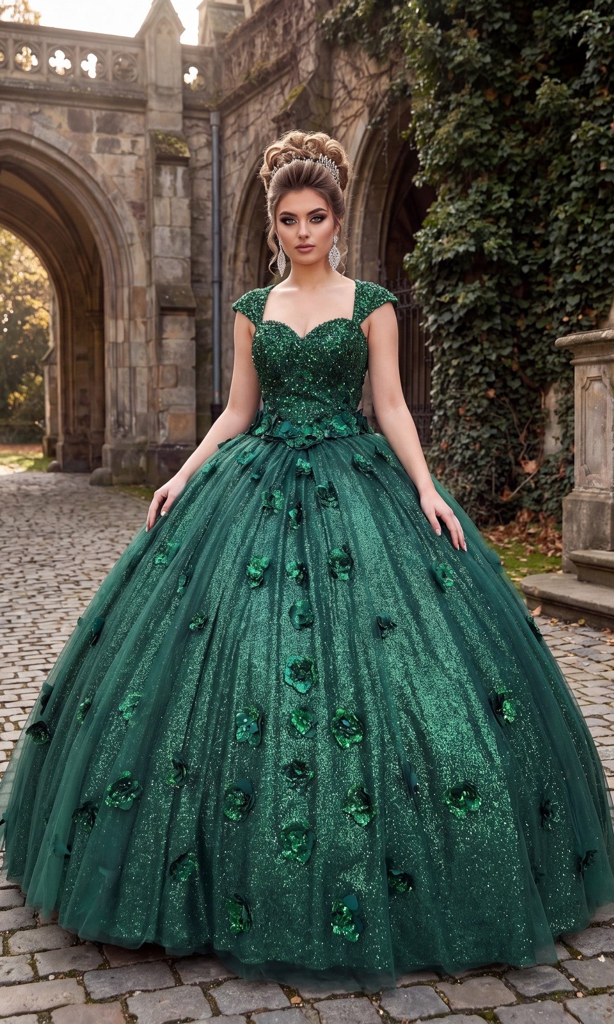 A woman stands on a cobblestone path near a stone archway and ivy-covered wall wearing the Quinceanera Dress CHF3068 By Chicas in hunter green, featuring intricate 3D flowers and floral details.